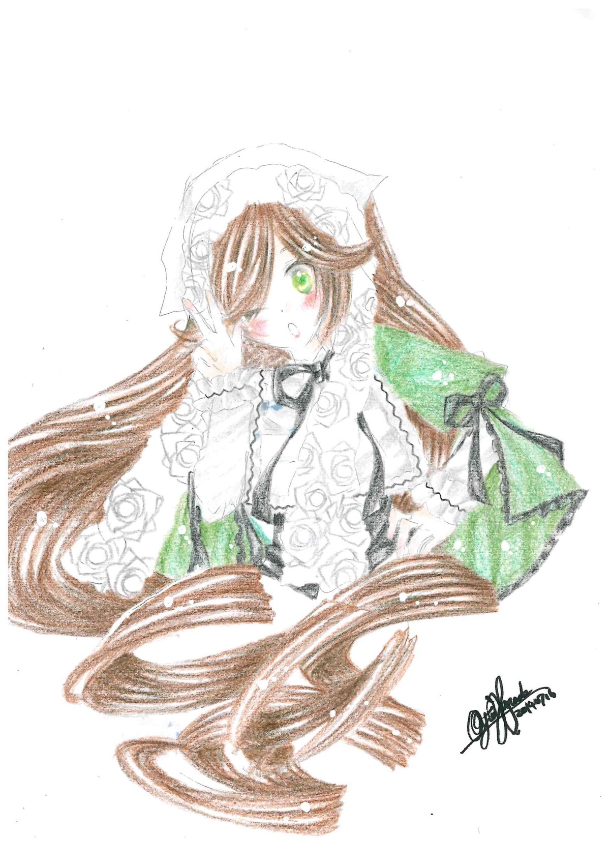 1girl auto_tagged bangs blush brown_hair dress frills green_eyes image long_hair long_sleeves looking_at_viewer signature simple_background solo suiseiseki traditional_media very_long_hair white_background wide_sleeves