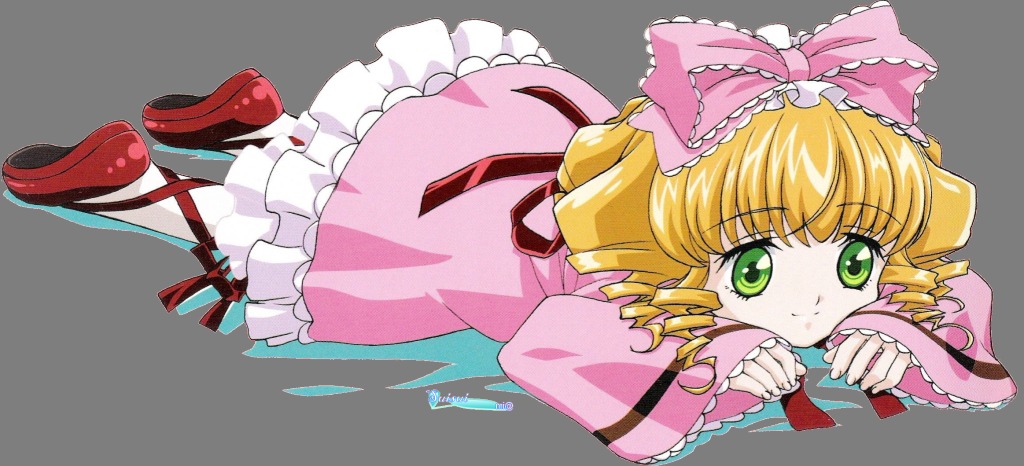 1girl blonde_hair bow dress drill_hair frills full_body green_eyes hair_bow hina_ichigo hinaichigo image long_sleeves looking_at_viewer lying on_stomach pink_bow pink_dress red_background shoes simple_background solo white_legwear
