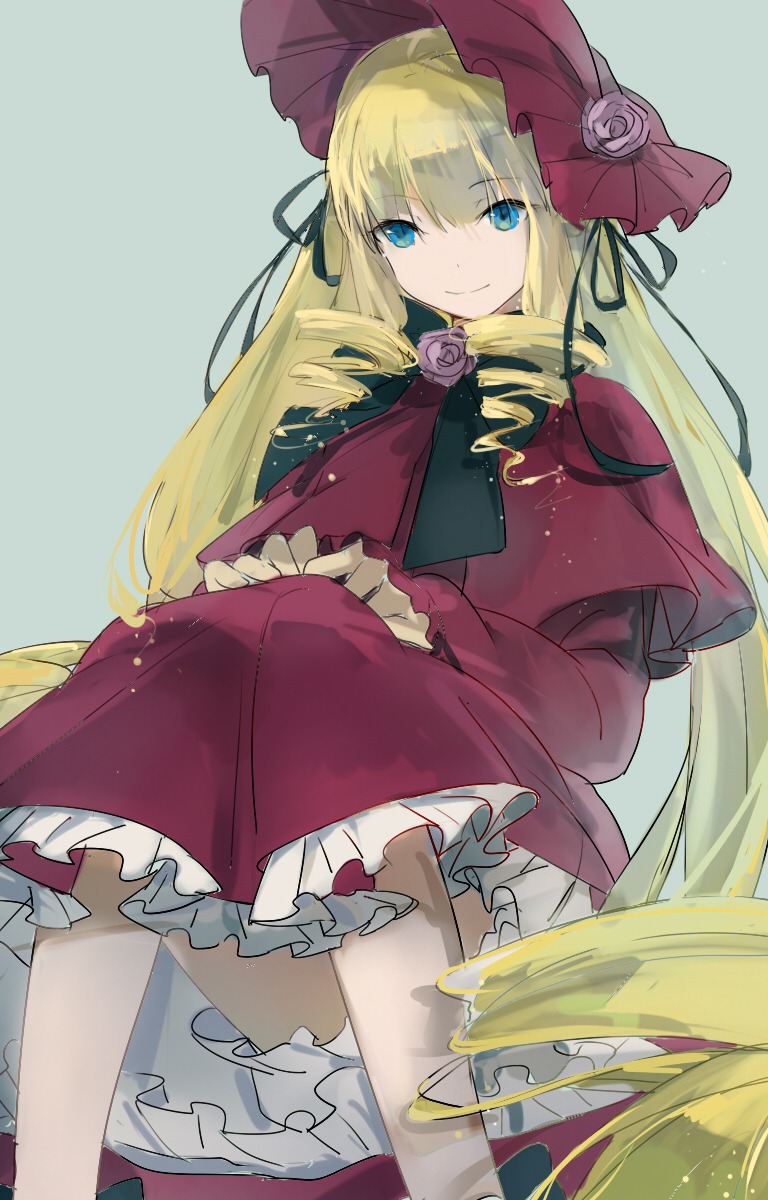 1girl blonde_hair blue_eyes bonnet bow bowtie capelet closed_mouth dress drill_hair eyebrows_visible_through_hair flower frills hat image long_hair long_sleeves looking_at_viewer pink_flower pink_rose red_capelet red_dress red_flower rose shinku simple_background smile solo twintails very_long_hair