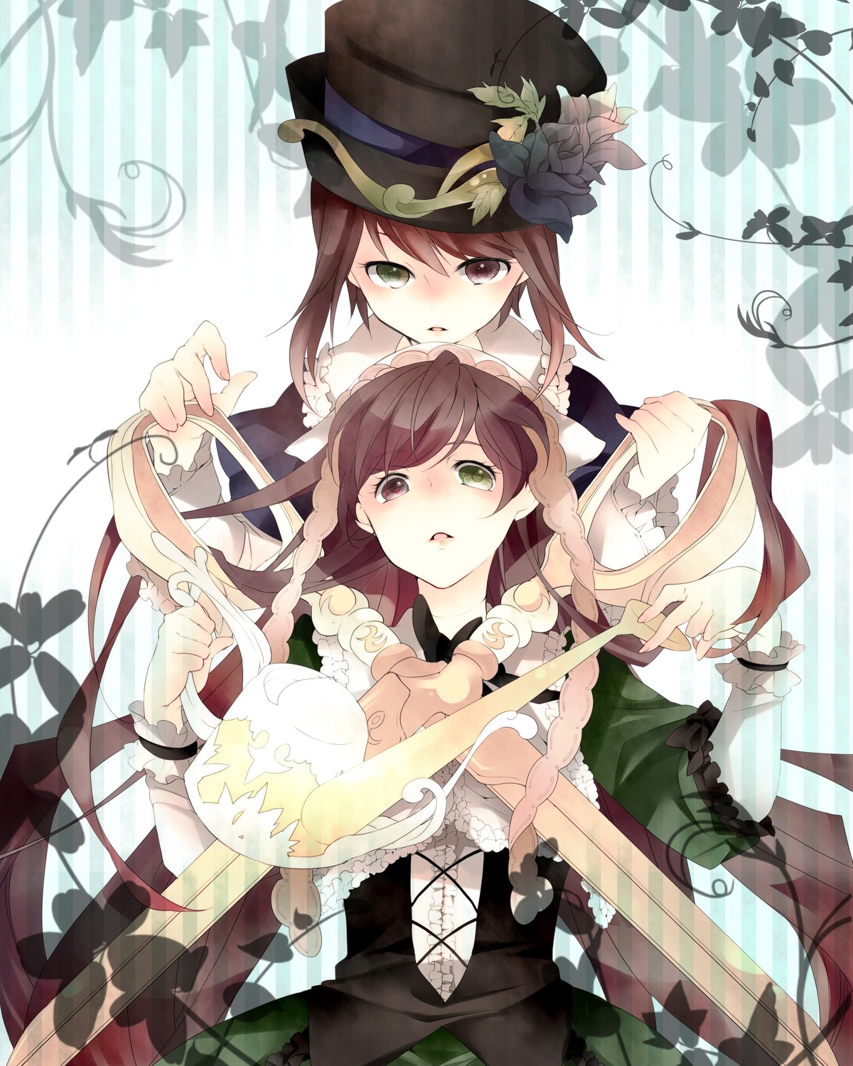 2girls braid brown_hair dress flower green_dress green_eyes hat image long_hair multiple_girls pair rose scissors souseiseki suiseiseki top_hat white_rose