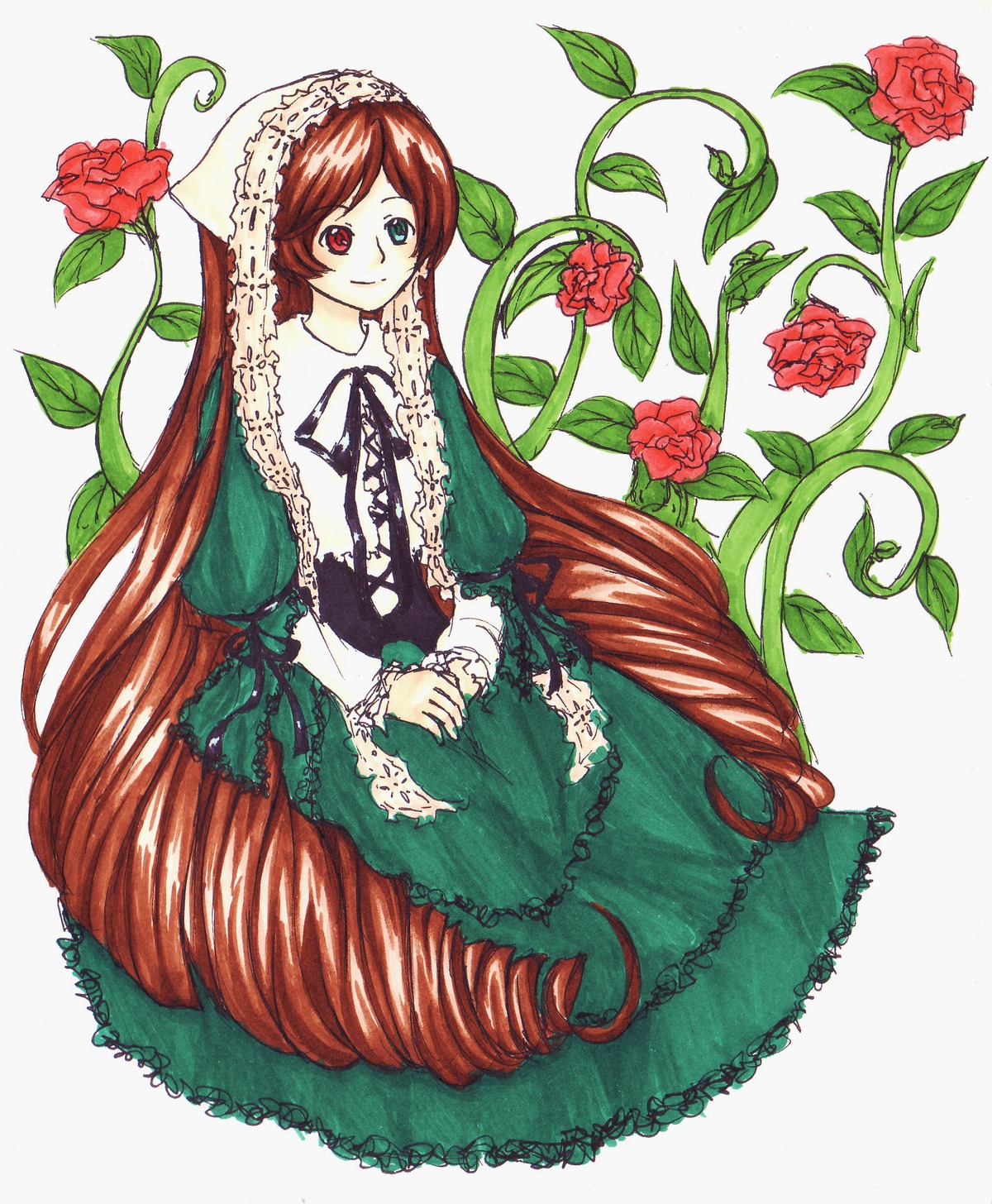 1girl brown_hair dress drill_hair flower frills green_dress green_eyes heterochromia image lolita_fashion long_hair long_sleeves looking_at_viewer plant red_eyes red_flower red_rose rose smile solo suiseiseki twin_drills very_long_hair vines watering_can