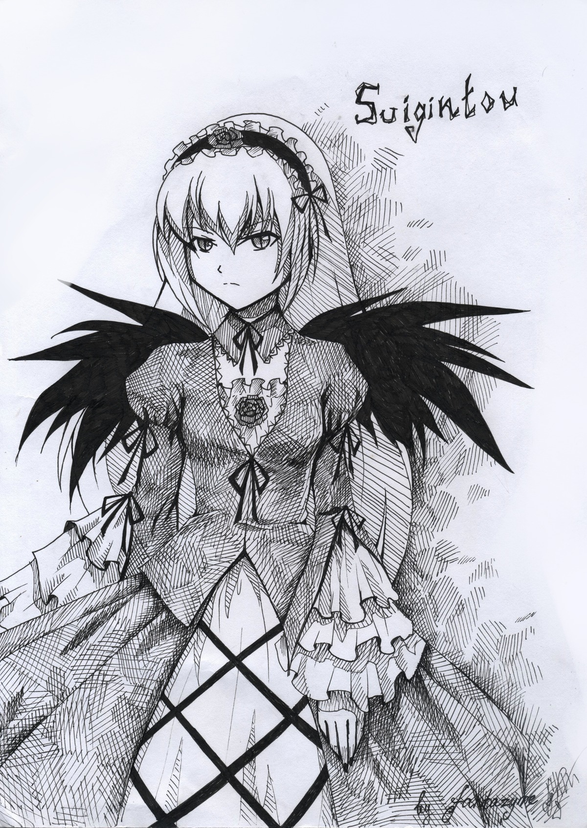 1girl dress frilled_sleeves frills greyscale hairband image juliet_sleeves long_hair long_sleeves looking_at_viewer monochrome puffy_sleeves ribbon solo standing suigintou traditional_media wide_sleeves wings