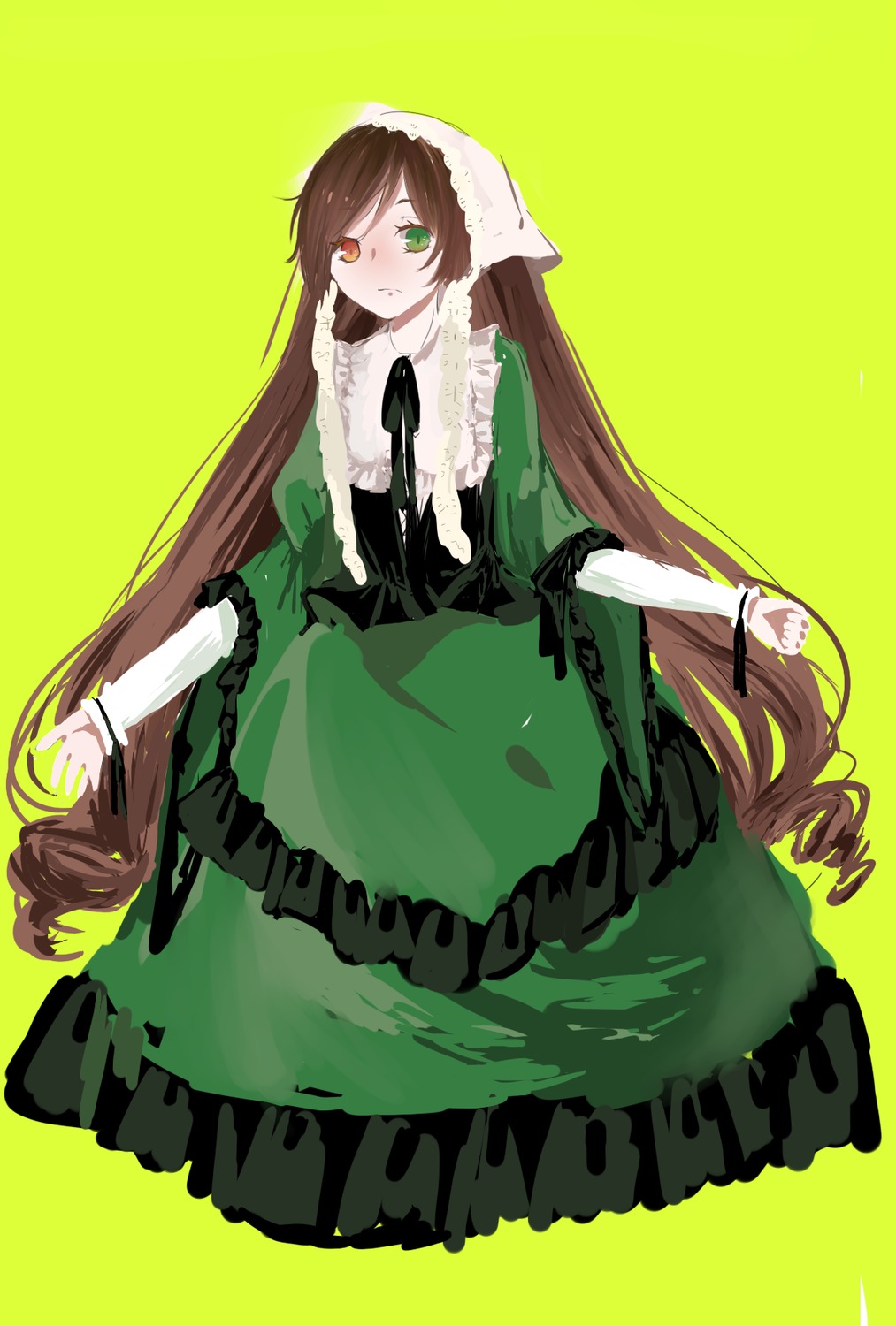 1girl brown_hair dress drill_hair frills green_background green_dress green_eyes head_scarf heterochromia image long_hair long_sleeves red_eyes simple_background solo suiseiseki twin_drills twintails very_long_hair yellow_background