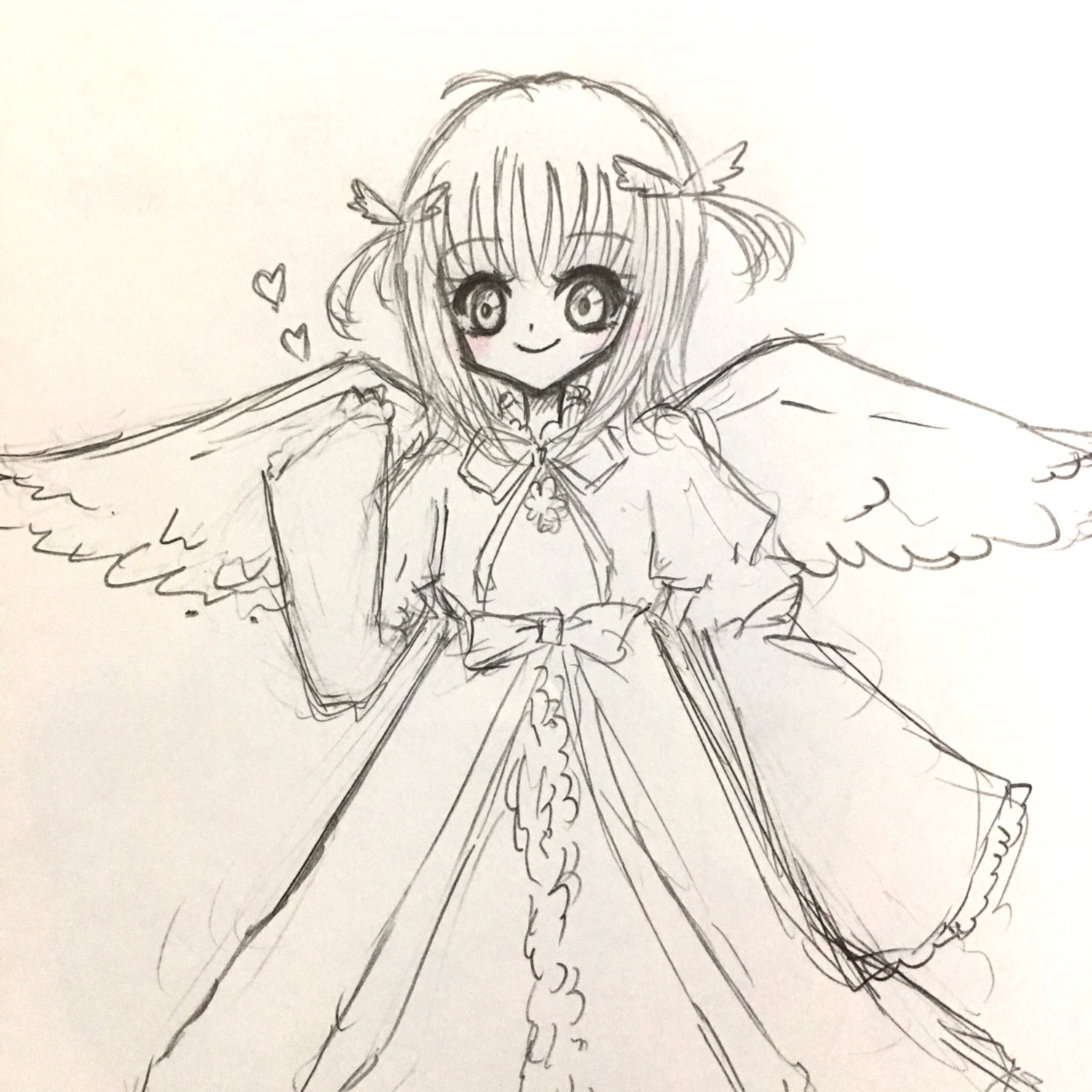 1girl angel angel_wings blush closed_mouth dress eyebrows_visible_through_hair feathered_wings greyscale hair_ornament heart image long_sleeves looking_at_viewer monochrome ribbon sleeves_past_wrists smile solo suigintou two_side_up white_wings wide_sleeves wings