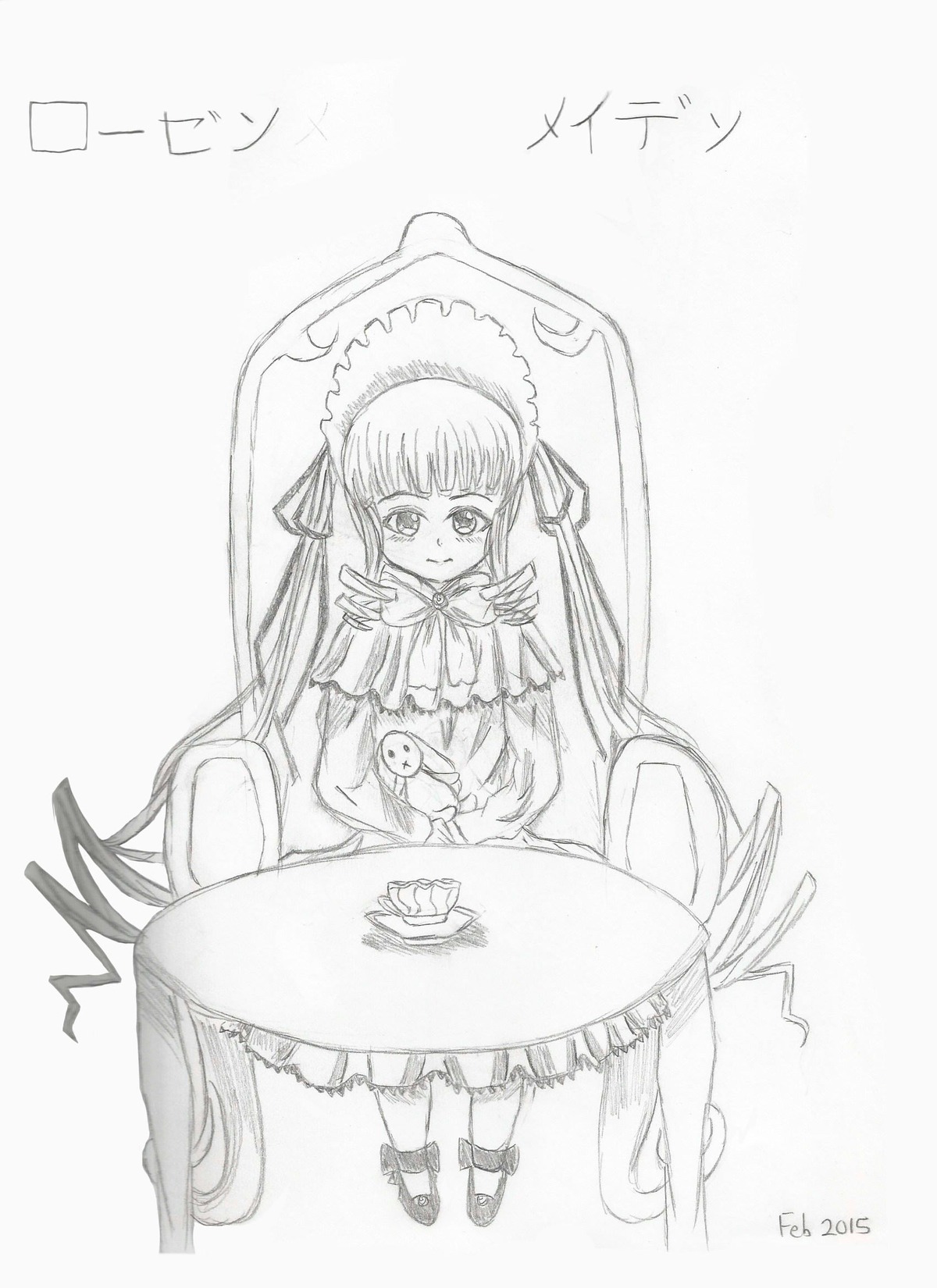 1girl auto_tagged bangs bonnet dress drill_hair frills full_body image long_hair long_sleeves looking_at_viewer monochrome shinku sitting solo striped teacup very_long_hair