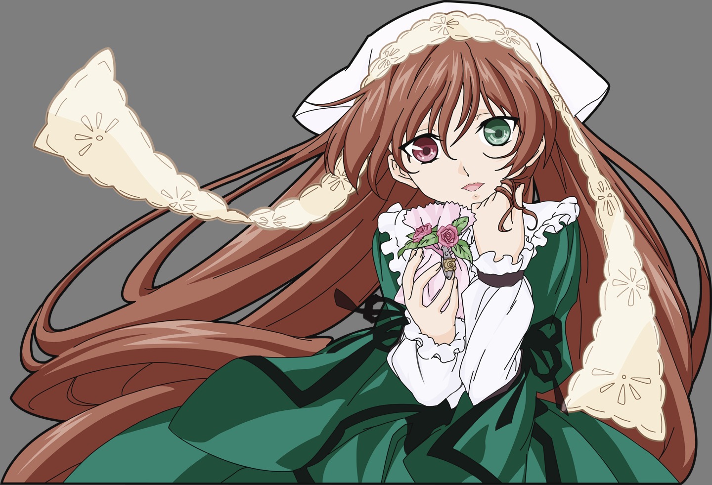 1girl bouquet brown_hair dress flower frills green_dress green_eyes head_scarf heterochromia holding image letterboxed long_hair long_sleeves looking_at_viewer red_eyes solo suiseiseki transparent_background very_long_hair