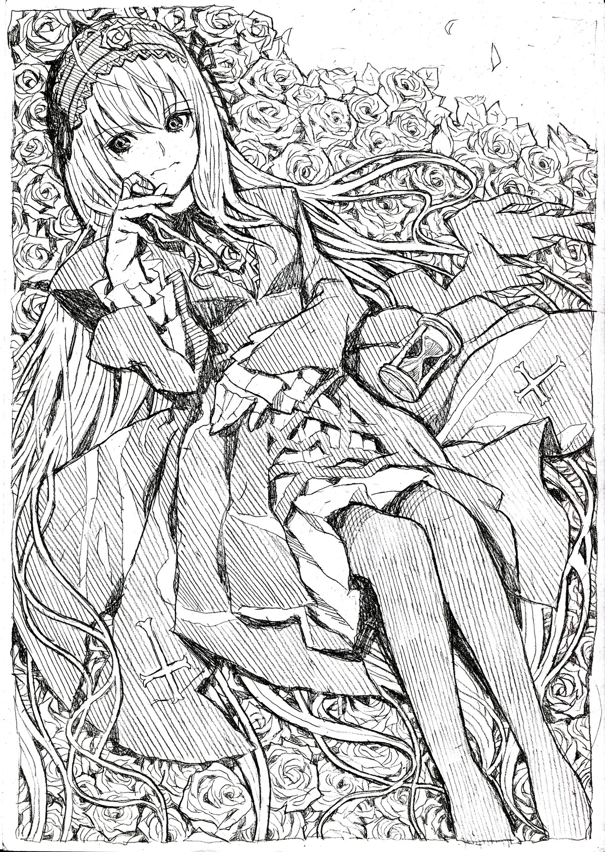 1girl black_rose dress flower greyscale hairband image lolita_fashion long_hair long_sleeves looking_at_viewer monochrome pantyhose pink_rose rose rose_petals sitting smile solo suigintou thorns traditional_media white_rose yellow_rose