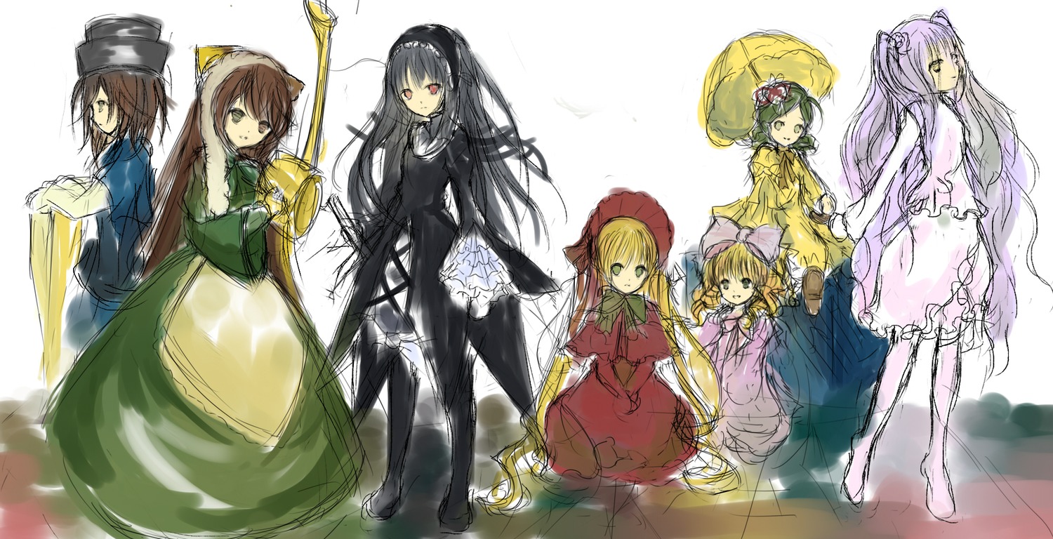 6+girls blonde_hair blue_eyes bow brown_hair dress green_eyes green_hair hair_ornament hairband hat hina_ichigo image kanaria long_hair long_sleeves looking_at_viewer multiple multiple_girls parasol pink_bow shinku short_hair siblings silver_hair sisters smile souseiseki suigintou suiseiseki tagme twins twintails umbrella very_long_hair