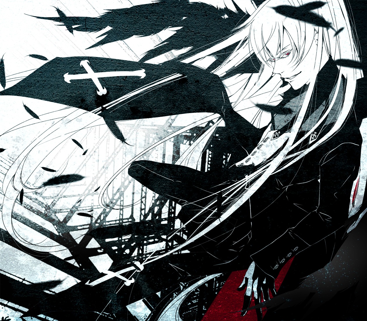 1girl fujiwara_no_mokou image jacket long_hair monochrome ribbon smile solo suigintou