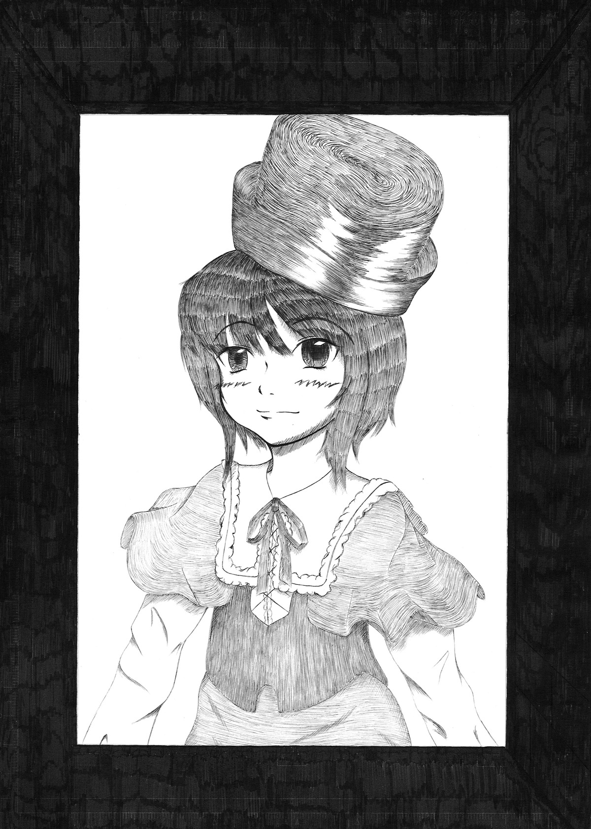 1girl black_border border greyscale hat image monochrome short_hair smile solo souseiseki traditional_media