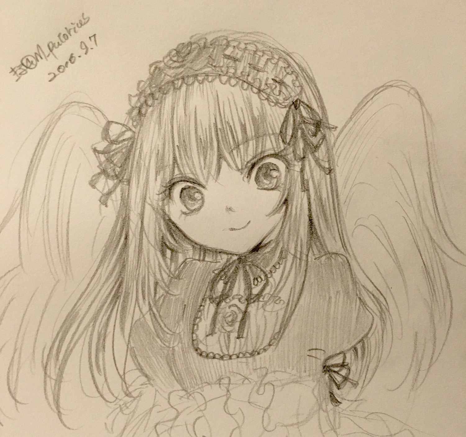 1girl bangs closed_mouth eyebrows_visible_through_hair hair_ornament image long_hair looking_at_viewer monochrome puffy_sleeves simple_background sketch smile solo suigintou traditional_media upper_body