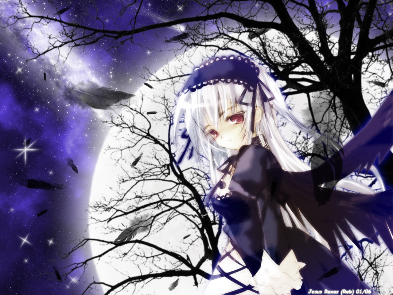 1girl bare_tree dress flower frills hairband image juliet_sleeves long_hair long_sleeves looking_at_viewer night night_sky red_eyes silver_hair sky solo star_(sky) starry_sky suigintou tree wings