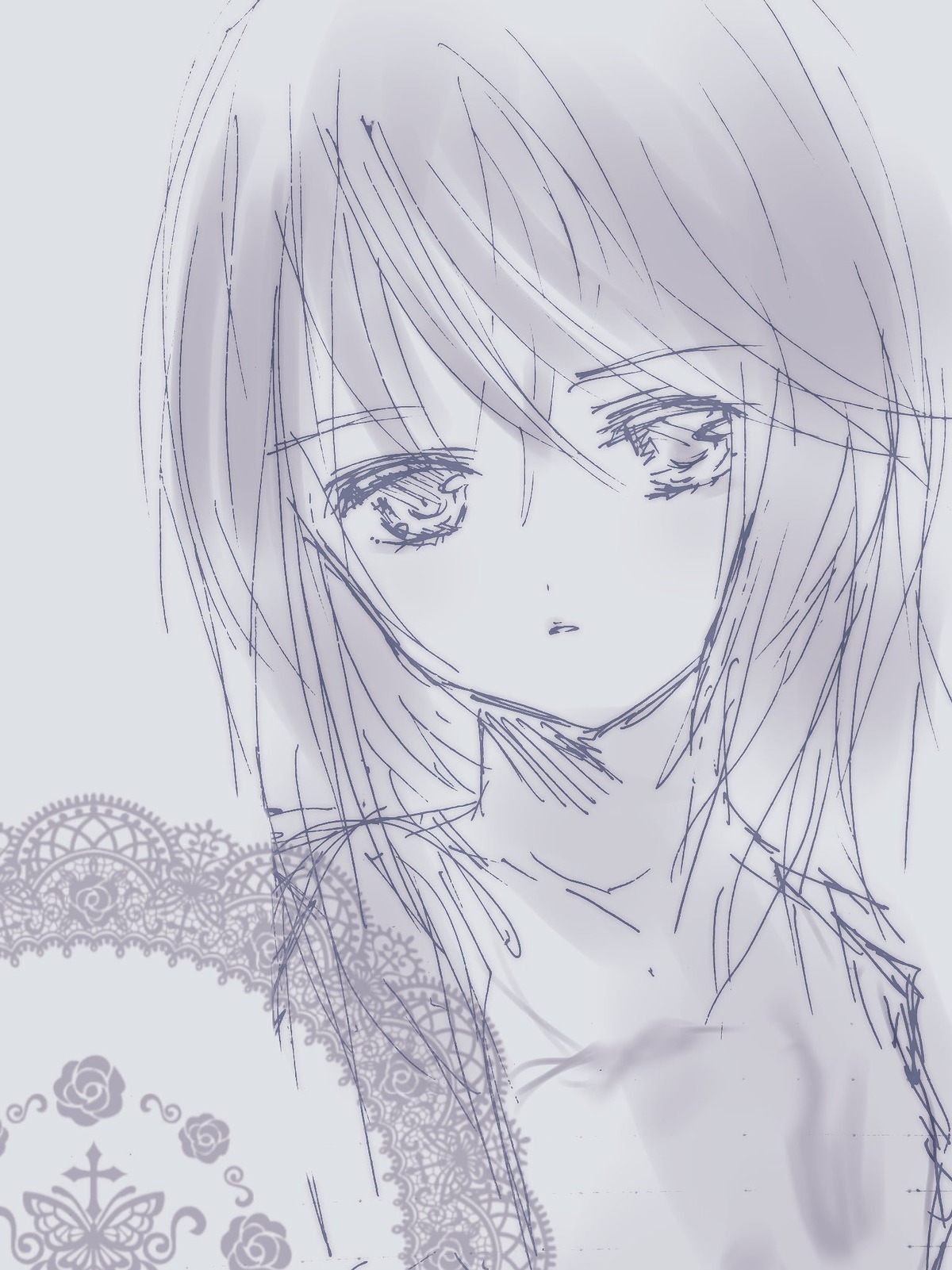 1girl bangs closed_mouth collarbone eyebrows_visible_through_hair greyscale hair_between_eyes hariruri image lace looking_at_viewer monochrome sketch solo souseiseki upper_body