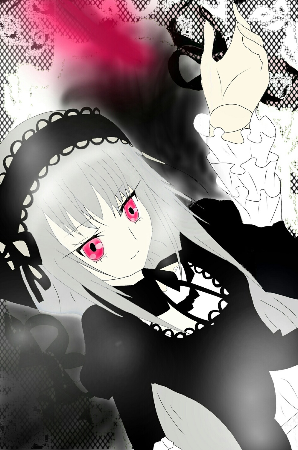 1girl bangs black_dress closed_mouth dress frills hairband image long_hair long_sleeves looking_at_viewer pink_eyes silver_hair smile solo suigintou upper_body wings