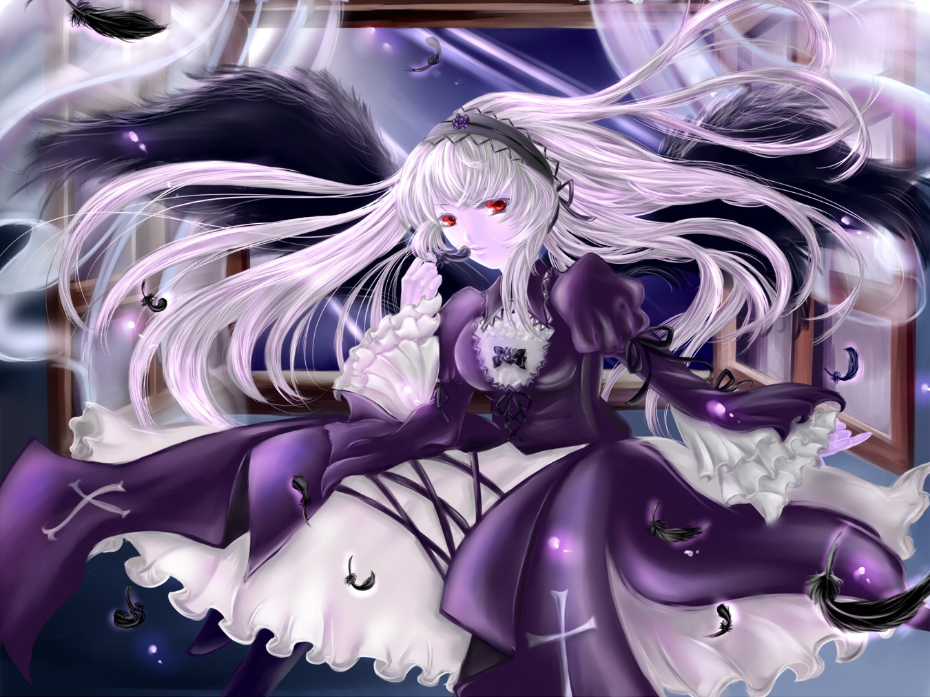 1girl black_wings breasts dress feathers floating_hair frills hairband image long_hair long_sleeves puffy_sleeves red_eyes rose solo suigintou very_long_hair wings