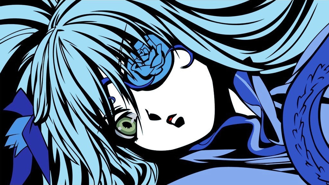 1girl :o barasuishou blue_hair blue_theme close-up face green_eyes image long_hair looking_at_viewer simple_background solo