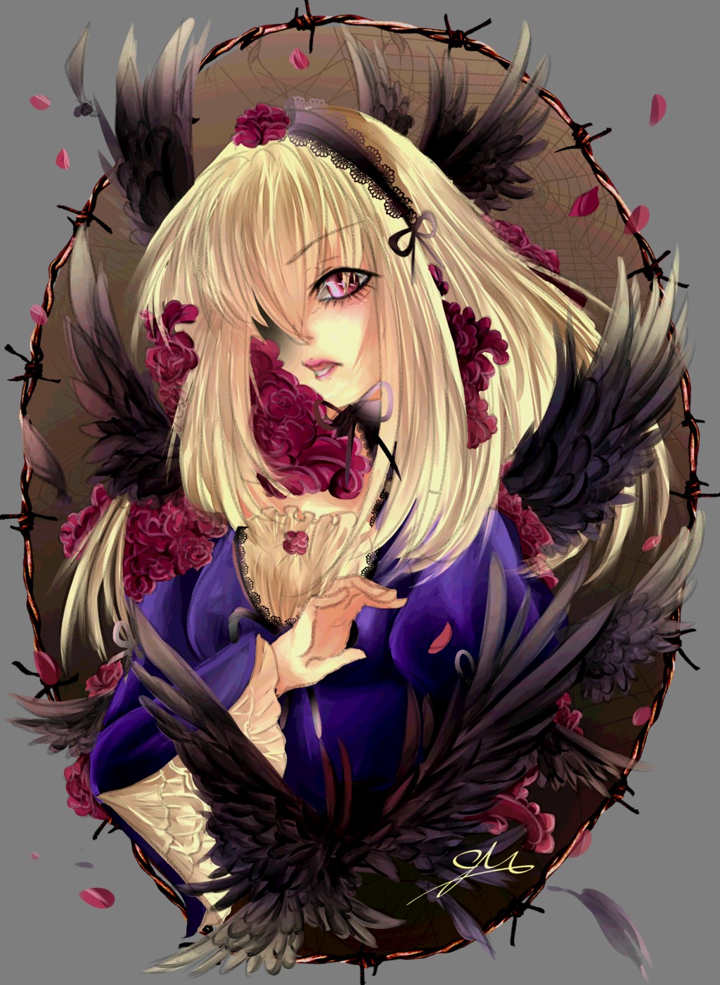 1girl blonde_hair dress feathered_wings feathers flower hair_over_one_eye hairband holding image long_hair petals purple_eyes rose solo suigintou transparent_background wings