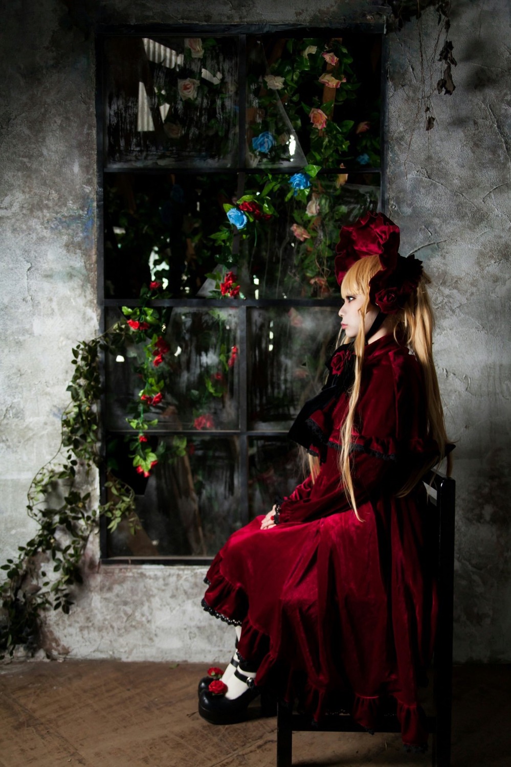 1girl blonde_hair dress flower long_hair red_dress rose shinku shoes sitting solo