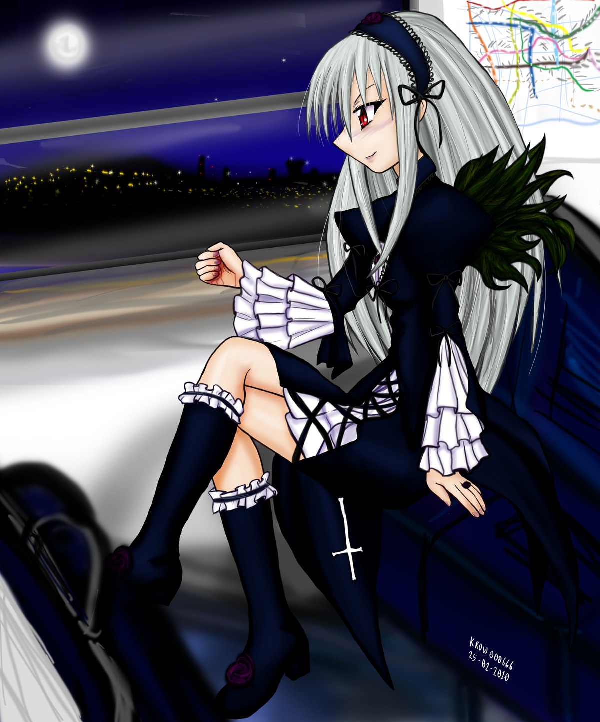 1girl cross dress flower frills full_body full_moon hairband image leg_garter long_hair long_sleeves moon night red_eyes rose silver_hair sitting sky solo suigintou wings