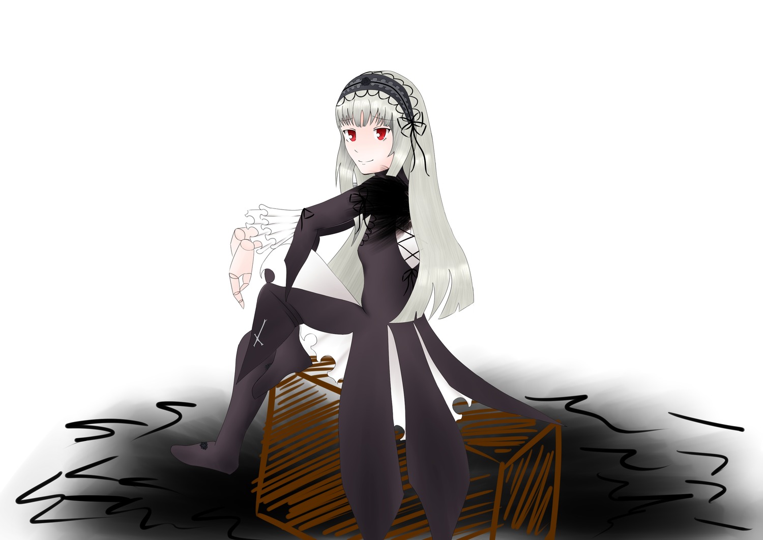 1girl bangs black_dress dress frills full_body hairband image juliet_sleeves long_hair long_sleeves looking_at_viewer red_eyes sitting solo suigintou white_background wings