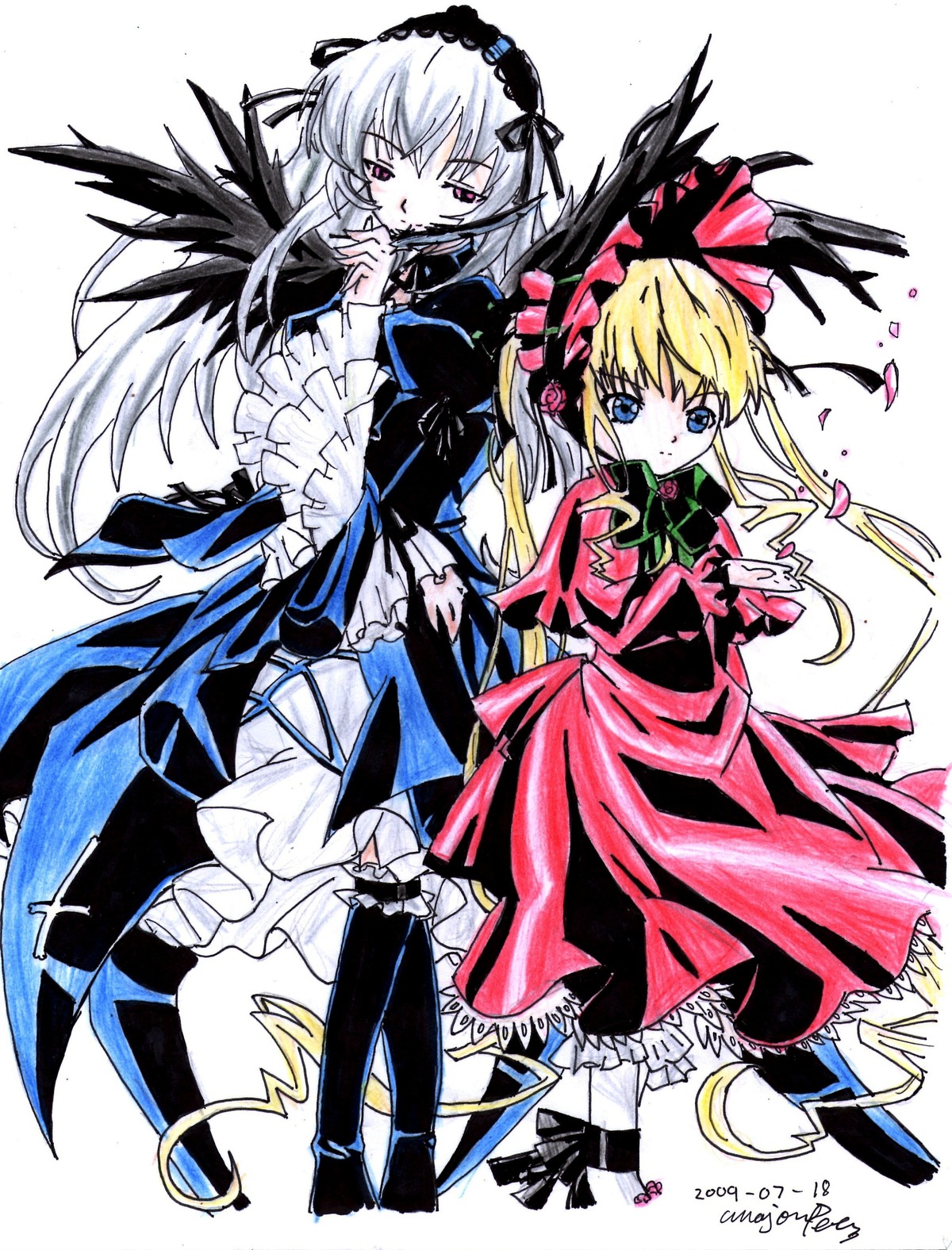 2girls black_wings blonde_hair blue_eyes boots bow dress frills hairband image long_hair long_sleeves looking_at_viewer multiple_girls pair red_dress red_eyes shinku silver_hair suigintou wings