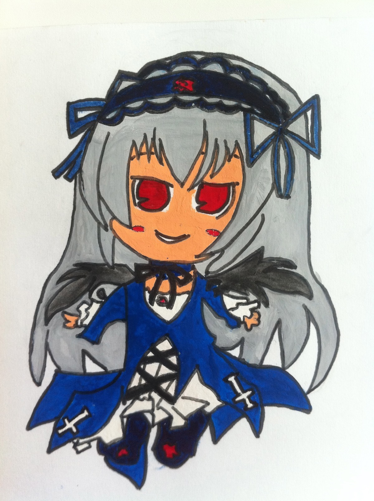 1girl blush chibi choker detached_collar dress frills full_body image long_hair red_eyes simple_background smile solo suigintou traditional_media wings