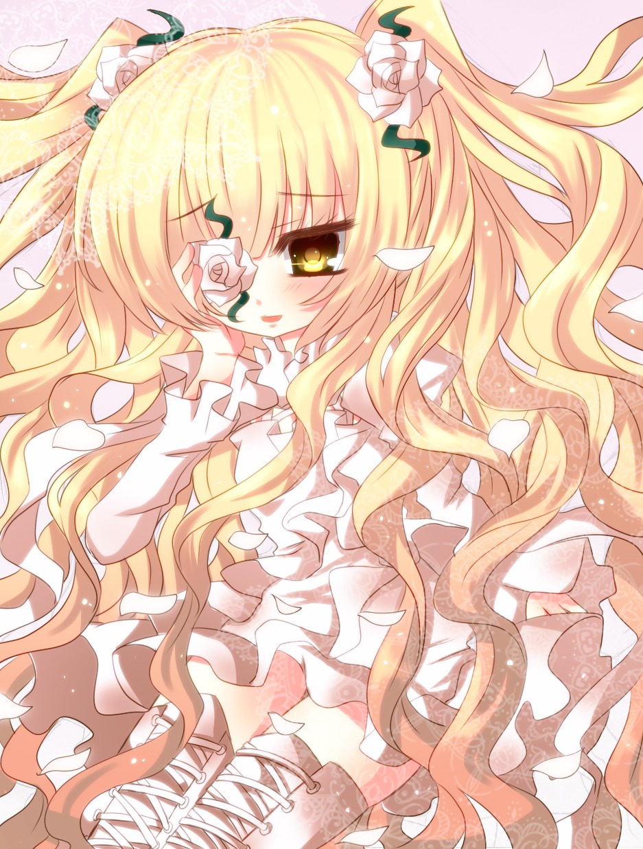 1girl blonde_hair blush boots cross-laced_footwear dress eyepatch flower frills hair_flower hair_ornament image kirakishou long_hair petals rose solo thighhighs thorns twintails two_side_up very_long_hair white_rose yellow_eyes