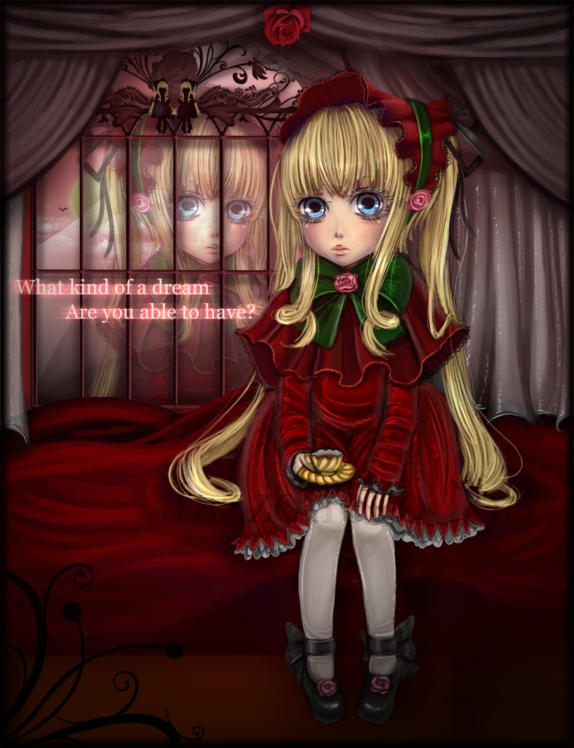 1girl black_footwear blonde_hair blue_eyes bonnet bow bowtie cup curtains dress flower green_bow image long_hair long_sleeves looking_at_viewer pantyhose red_dress rose shinku shoes sitting solo twintails very_long_hair white_legwear