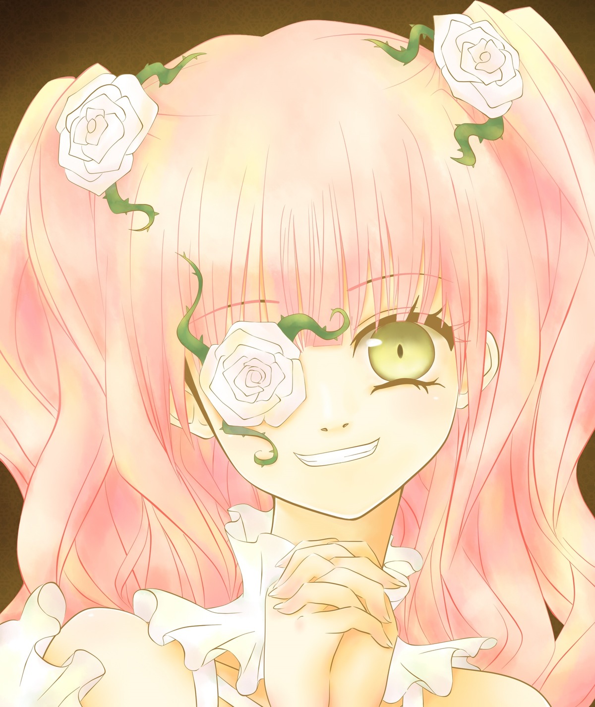 1girl auto_tagged flower frills grin hair_flower hair_ornament holding_hands image kirakishou long_hair pink_hair rose smile solo white_flower white_rose