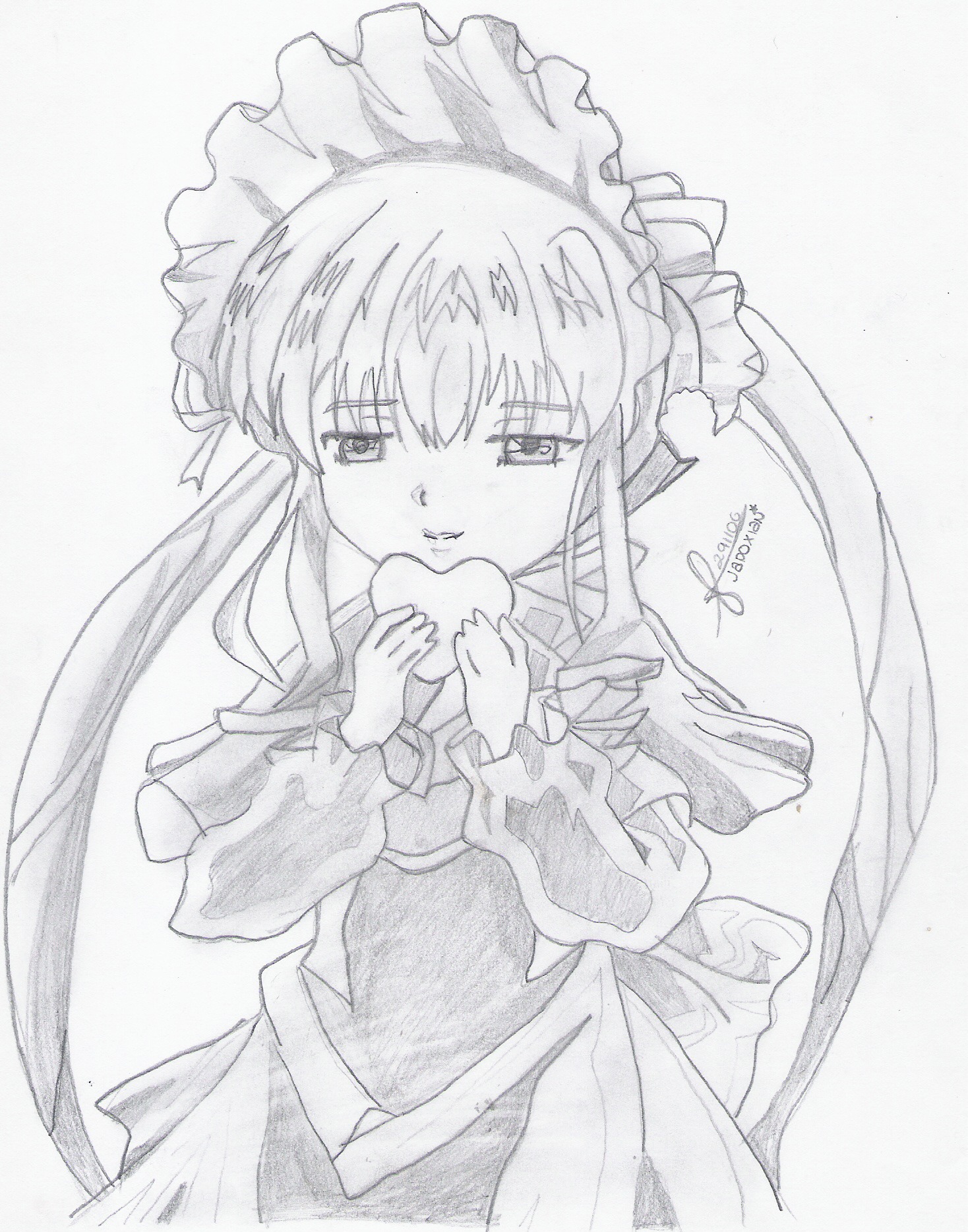 1girl dress eyebrows_visible_through_hair food greyscale holding holding_food image long_hair long_sleeves looking_at_viewer monochrome shinku simple_background solo striped traditional_media vertical_stripes white_background