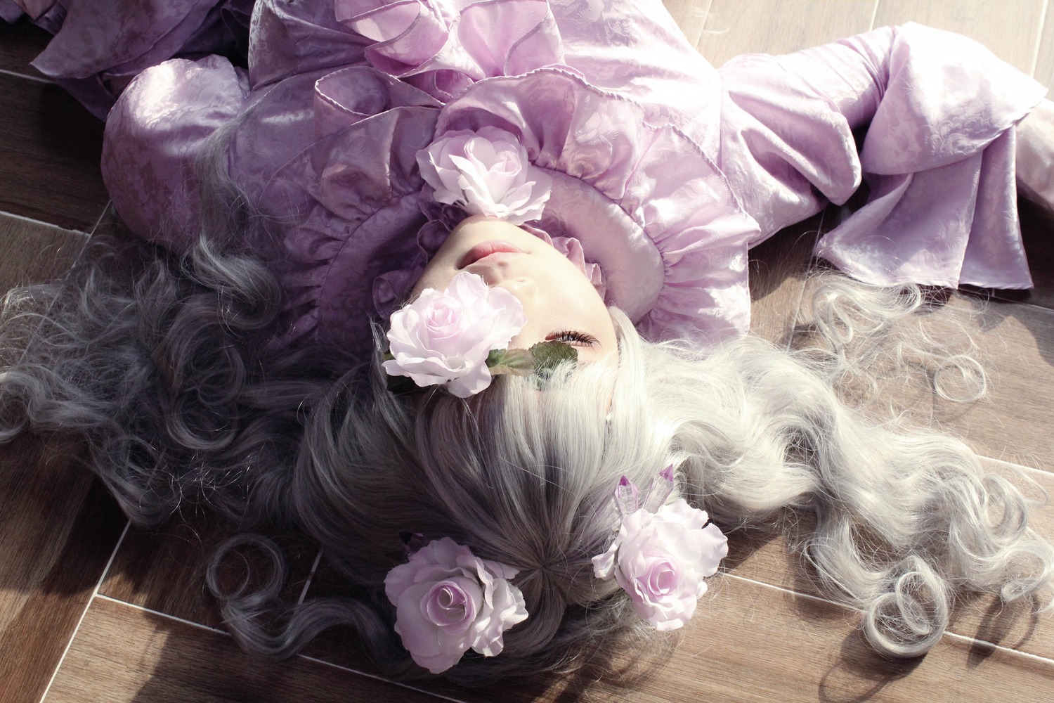 1girl dress flower hair_ornament kirakishou lolita_fashion long_hair pink_rose rose solo white_flower white_rose