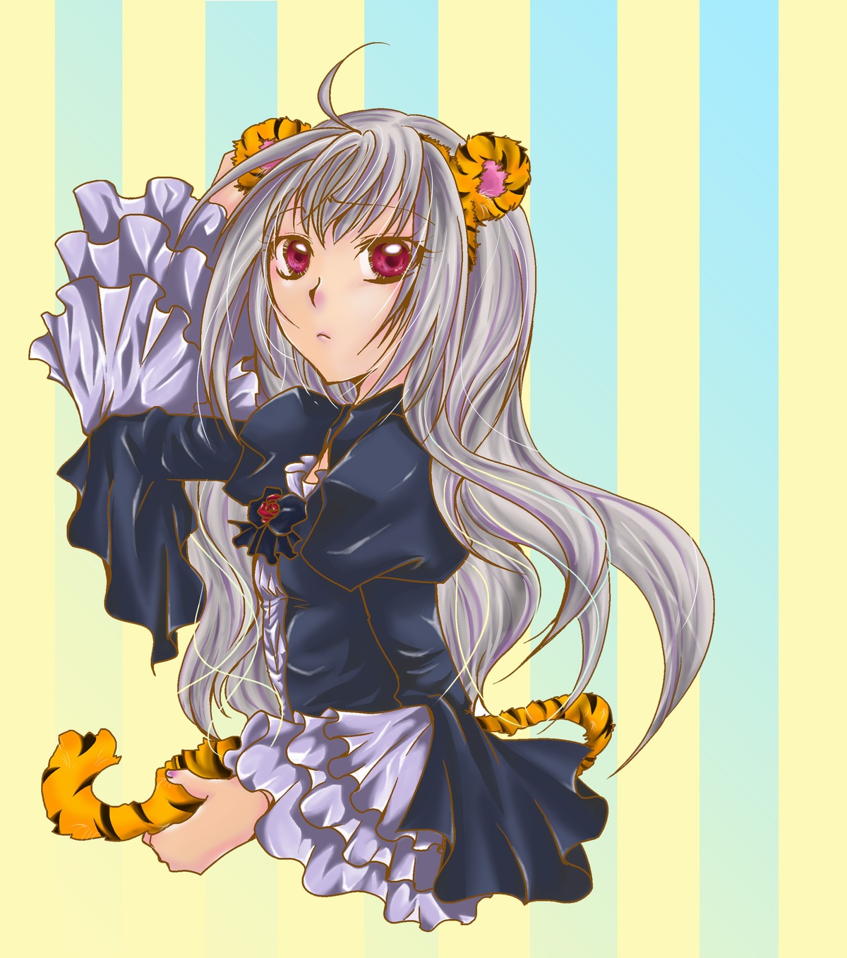 1girl ahoge animal_print dress frills hair_ornament halloween image jack-o'-lantern long_hair long_sleeves pink_eyes pumpkin pumpkin_hair_ornament silver_hair solo striped striped_background suigintou tail tiger_ears tiger_tail vertical_stripes