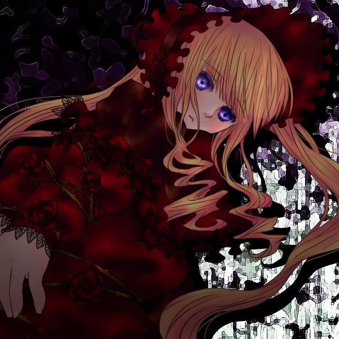 1girl blonde_hair blue_eyes dress flower frills image long_hair red_flower red_rose rose shinku solo twintails