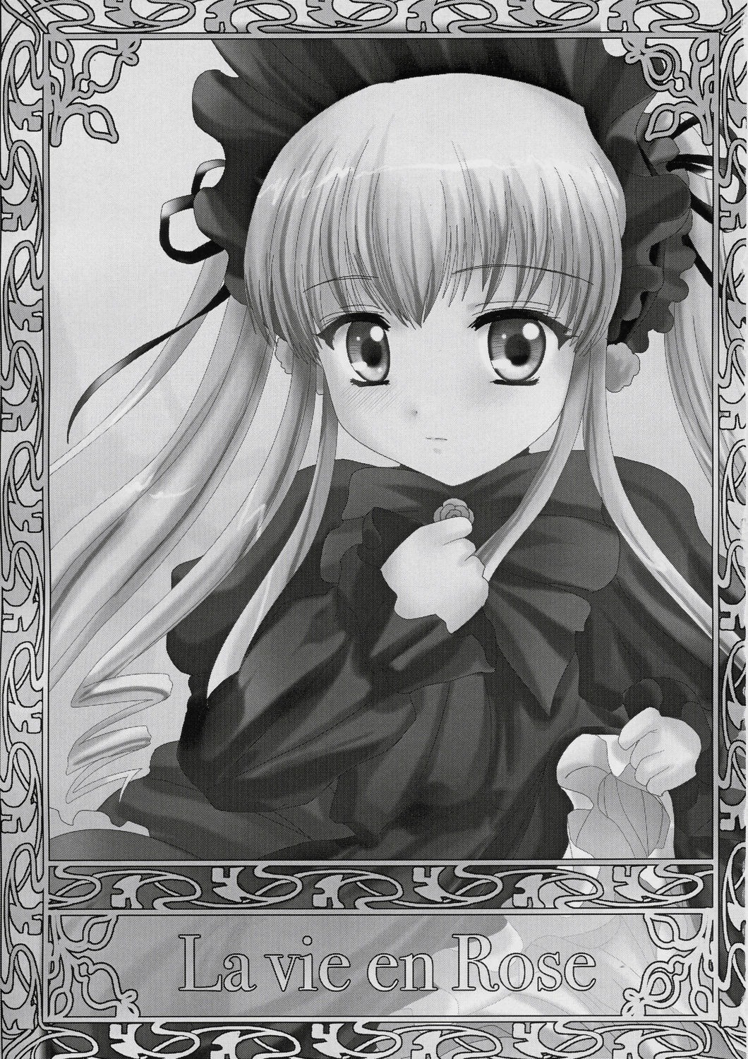 1girl blush border bow bowtie dress greyscale image long_hair long_sleeves looking_at_viewer monochrome shikishi shinku simple_background solo twintails upper_body