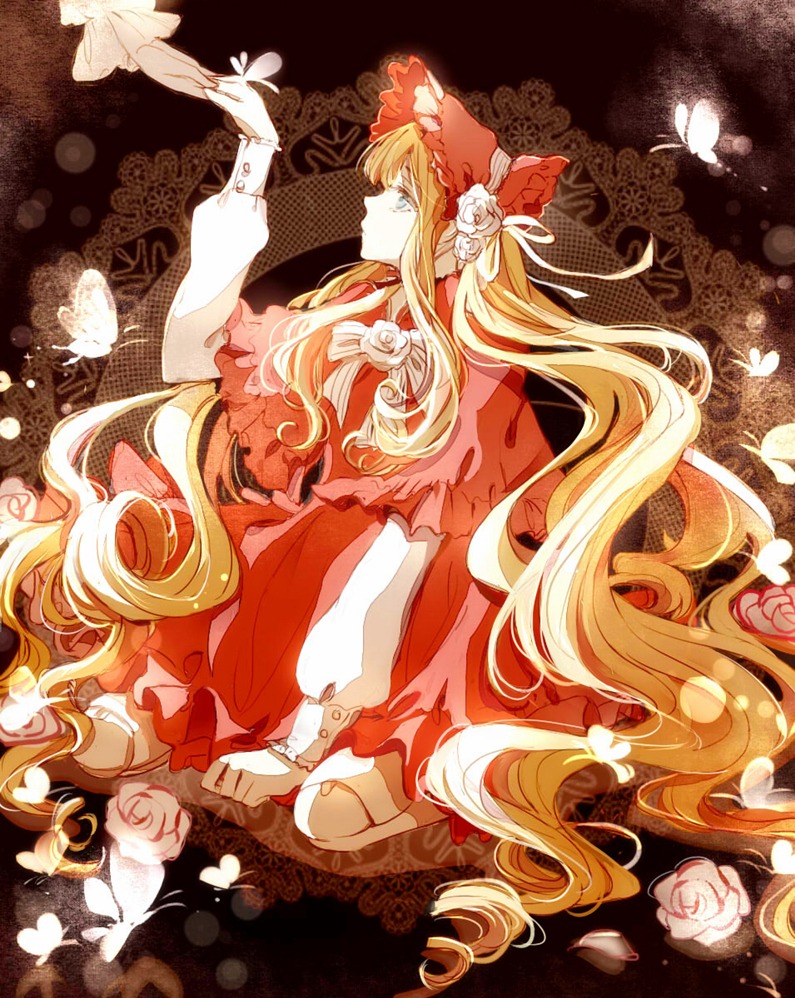 1girl blonde_hair blue_butterfly blue_eyes bonnet bug butterfly doll_joints dress flower hair_flower hair_ornament image insect kneeling long_hair pink_rose profile red_rose rose shinku solo very_long_hair white_flower white_rose