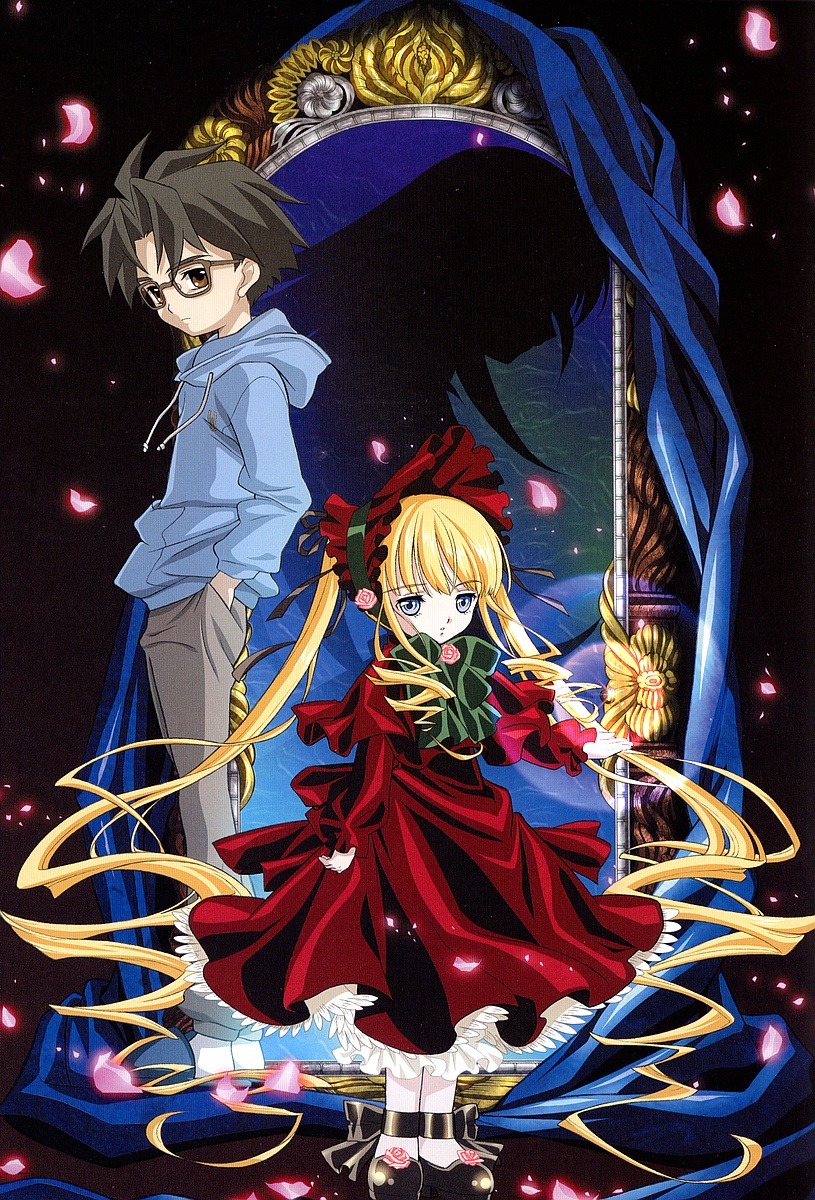 1boy 1girl blonde_hair blue_eyes bonnet bow brown_eyes dress glasses hood image long_hair looking_at_viewer pants petals red_dress rose_petals shinku shoes solo twintails very_long_hair