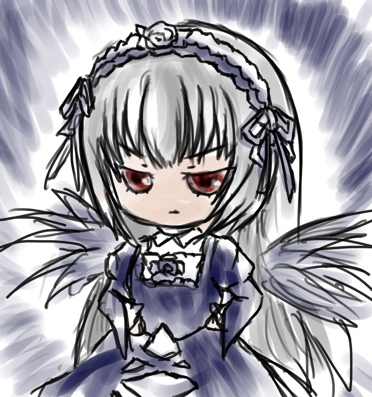 1girl bangs black_wings closed_mouth detached_collar dress flower frills hairband image lolita_hairband long_sleeves looking_at_viewer red_eyes rose silver_hair solo suigintou wings