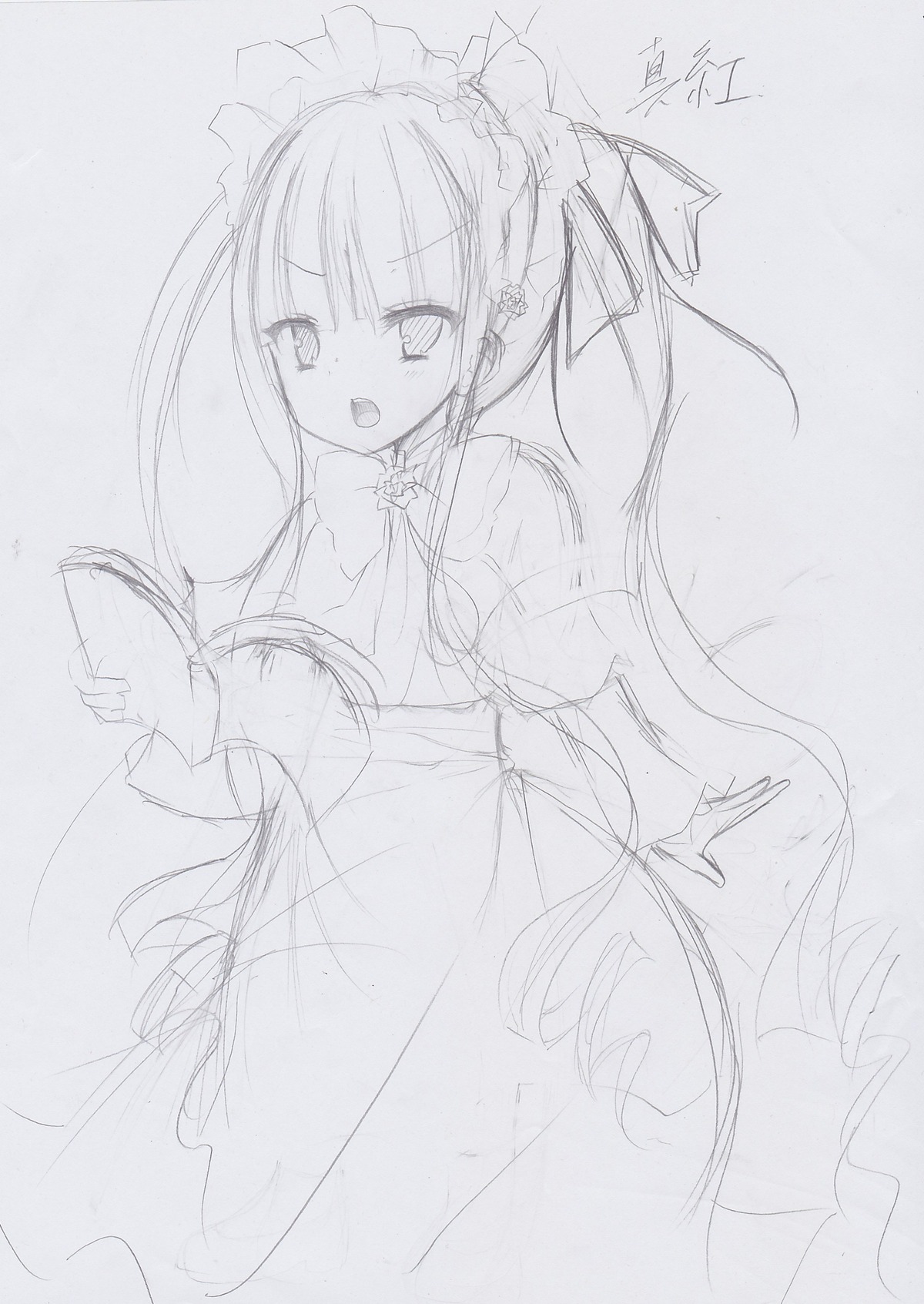 1girl :d bangs blush dress eyebrows_visible_through_hair frills hair_between_eyes holding image juliet_sleeves long_hair long_sleeves looking_at_viewer monochrome open_mouth puffy_sleeves shinku sketch sleeves_past_wrists smile solo very_long_hair virtual_youtuber wide_sleeves