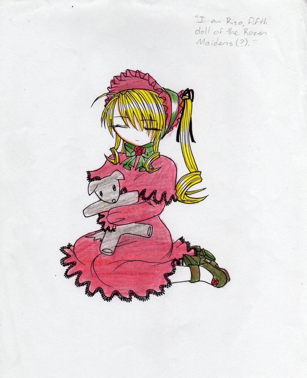 1girl blonde_hair bonnet bow bowtie dress drill_hair full_body image long_hair long_sleeves red_dress shinku sitting solo traditional_media twintails