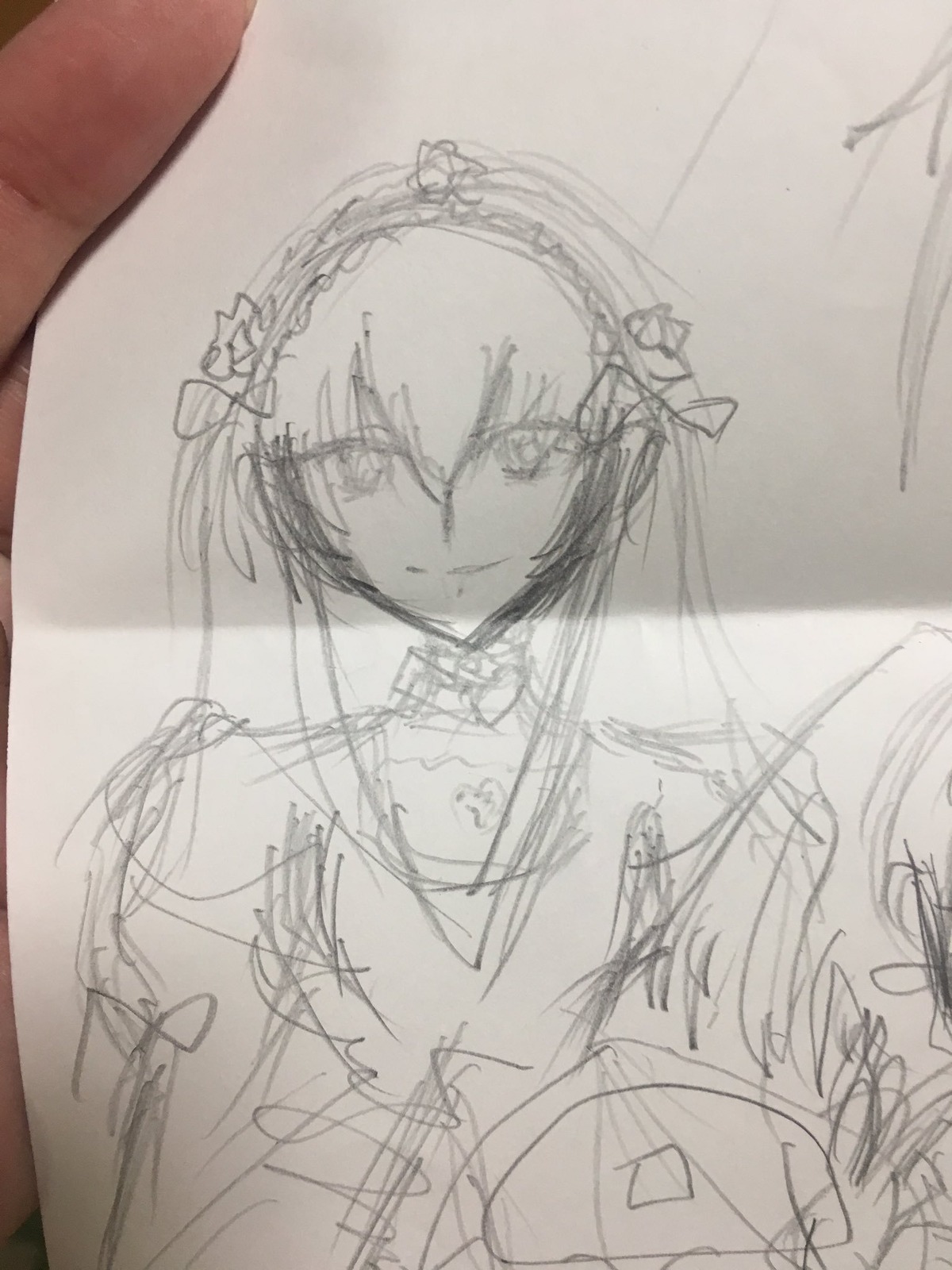 1girl choker closed_mouth hairband lolita_hairband looking_at_viewer monochrome sketch smile solo traditional_media upper_body