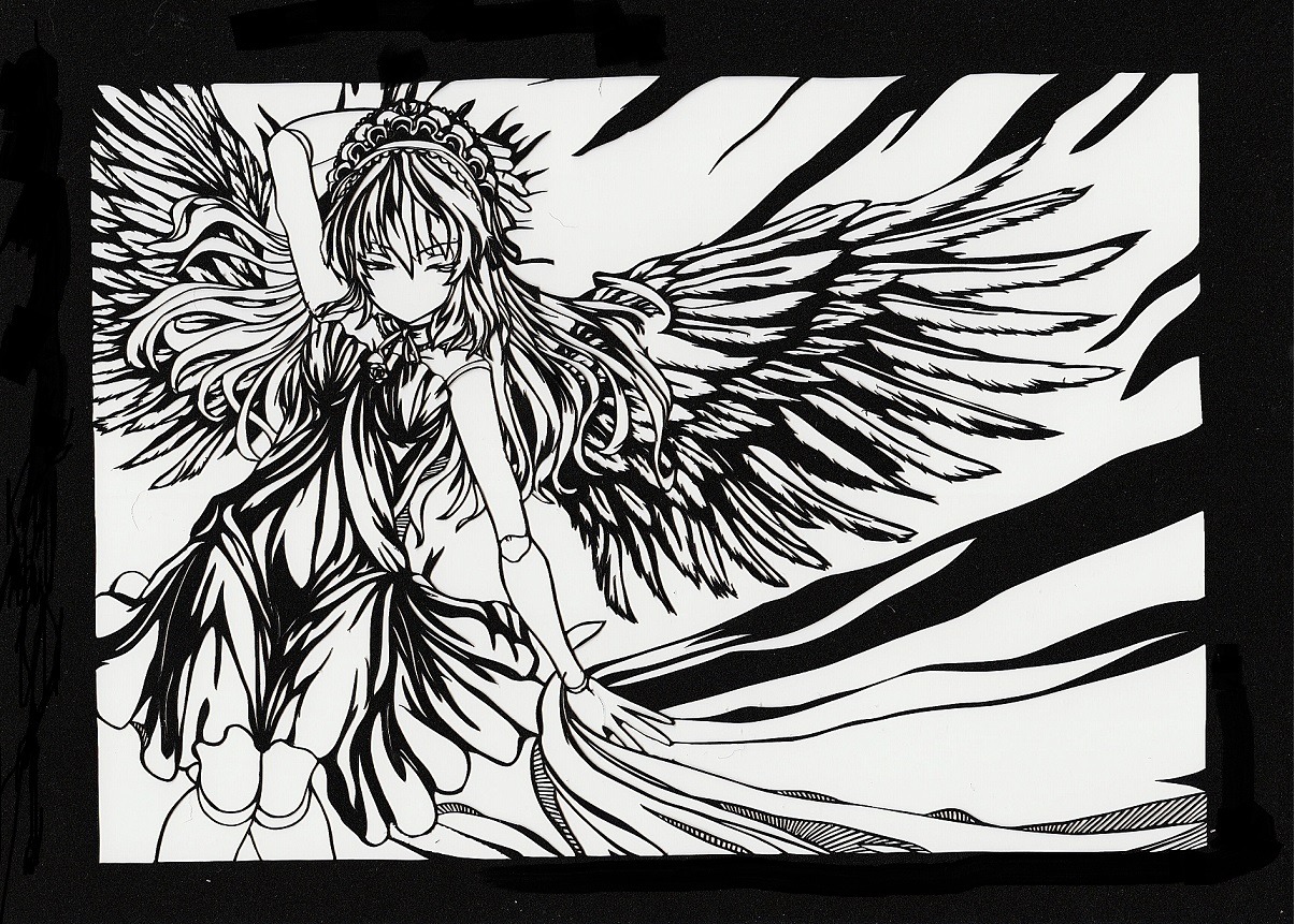 1girl angel_wings dress greyscale image long_hair monochrome solo suigintou traditional_media wings