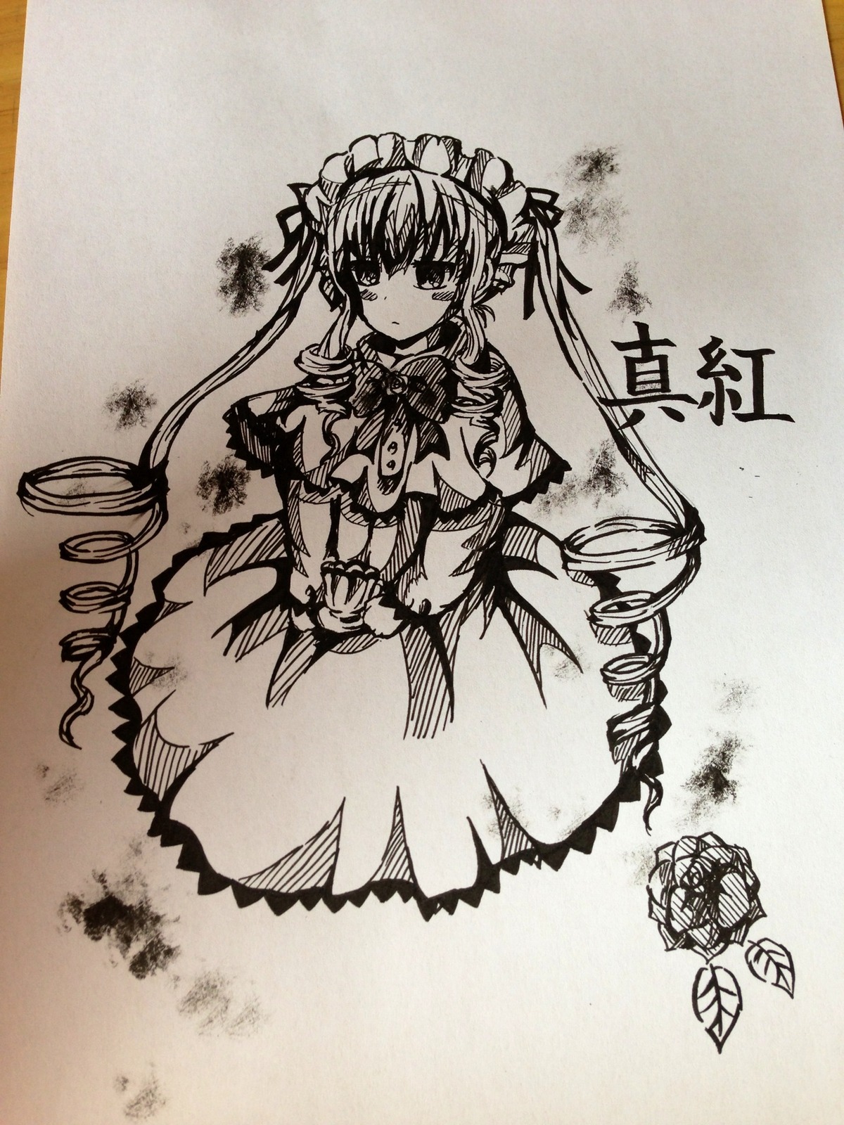 1girl dress drill_hair greyscale image long_hair long_sleeves looking_at_viewer monochrome shinku solo traditional_media twintails