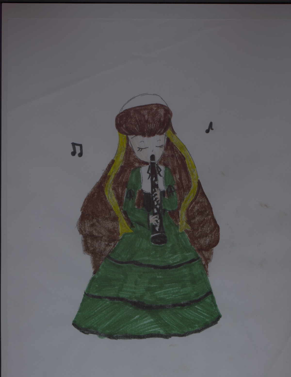1girl beamed_eighth_notes beamed_sixteenth_notes brown_hair closed_eyes dress eighth_note hat image instrument long_hair music musical_note quarter_note singing solo spoken_musical_note suiseiseki