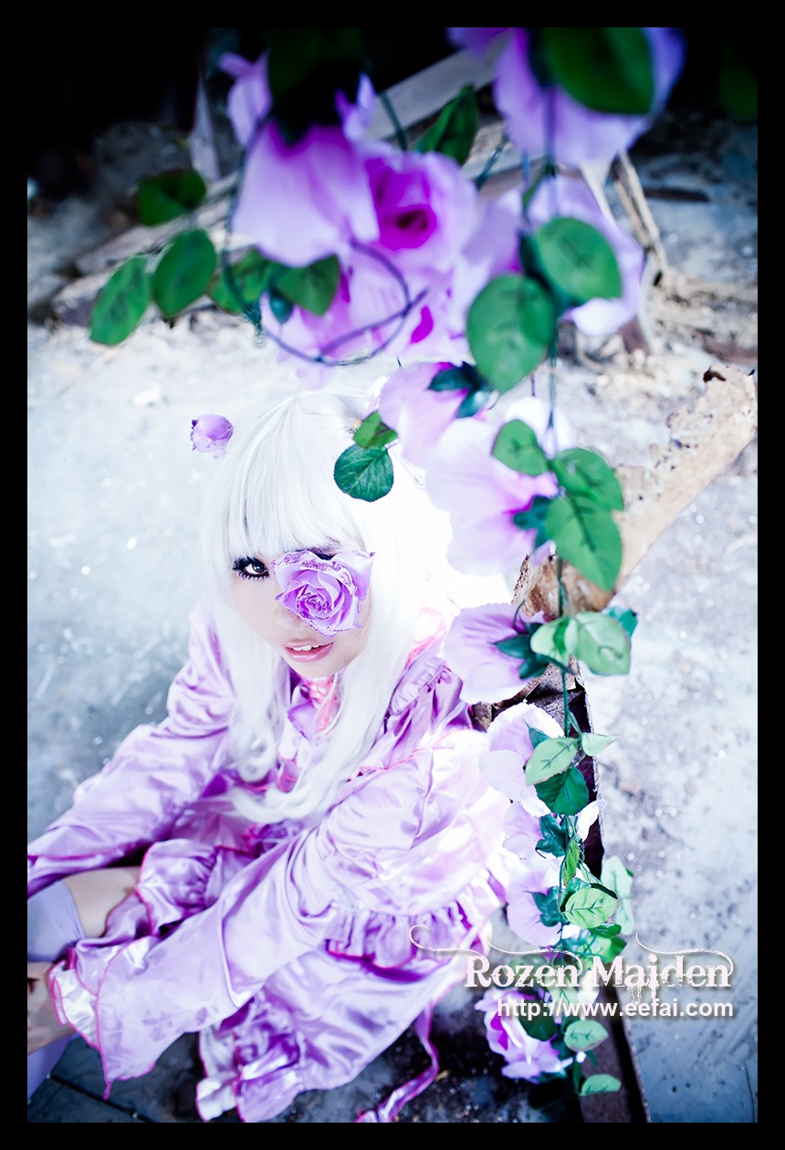 1girl barasuishou black_border blurry blurry_foreground depth_of_field dress flower hair_ornament hydrangea letterboxed long_hair solo white_hair