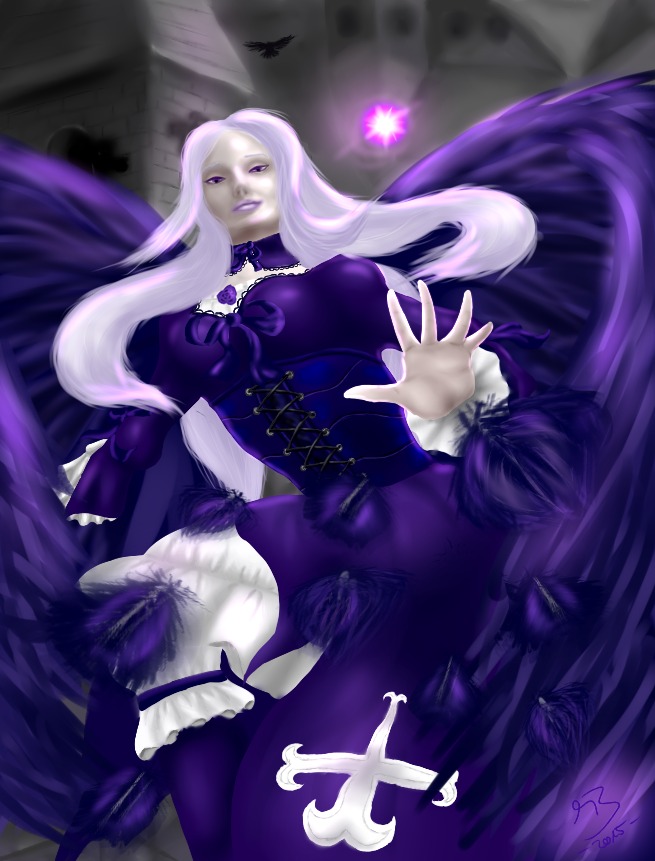 1girl bug butterfly corset dress image insect long_hair magic purple_dress purple_eyes signature solo suigintou white_hair