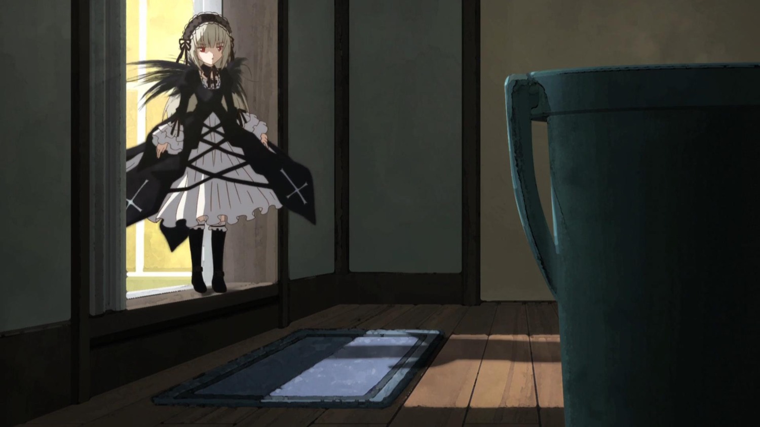 1girl bangs black_dress black_footwear black_legwear black_ribbon closed_mouth dress frilled_dress frills hairband image indoors long_hair long_sleeves looking_at_viewer red_eyes ribbon solo standing suigintou wide_sleeves wings