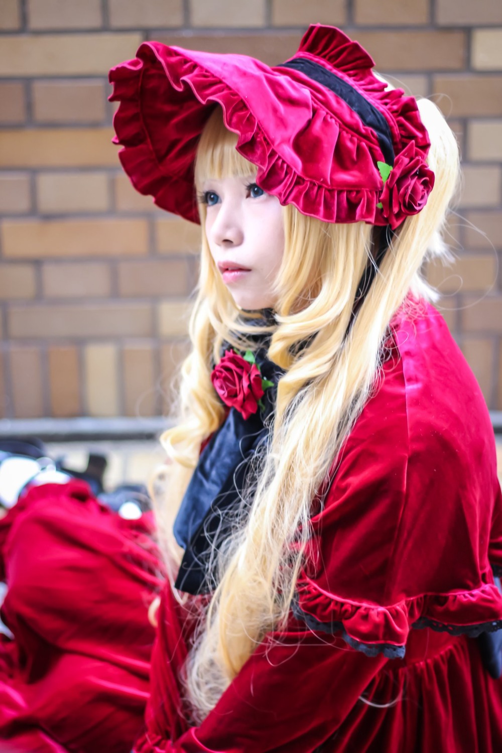 1girl blonde_hair blue_eyes blurry blurry_background bonnet capelet depth_of_field dress flower hat lips long_hair photo pink_flower pink_rose red_capelet red_dress red_flower red_rose rose shinku solo