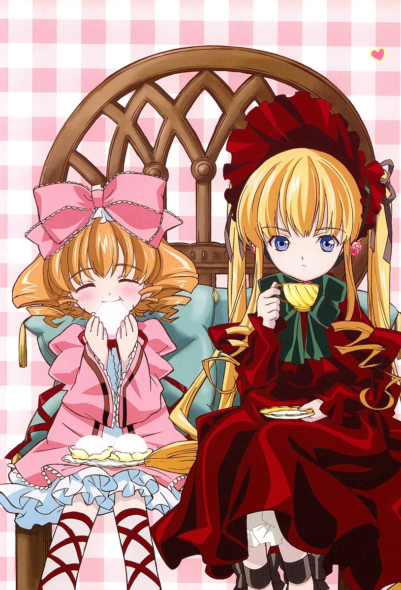 2girls blonde_hair blue_eyes blush bow closed_eyes cross-laced_footwear cup dress drill_hair eating food frills hair_bow hinaichigo image long_hair long_sleeves multiple_girls pair pink_bow pink_dress shinku sitting striped_background tea teacup