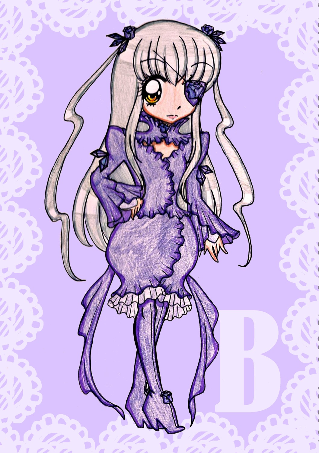 1girl barasuishou dress eyepatch frills full_body hand_on_hip image long_hair long_sleeves pantyhose purple_dress solo standing very_long_hair yellow_eyes