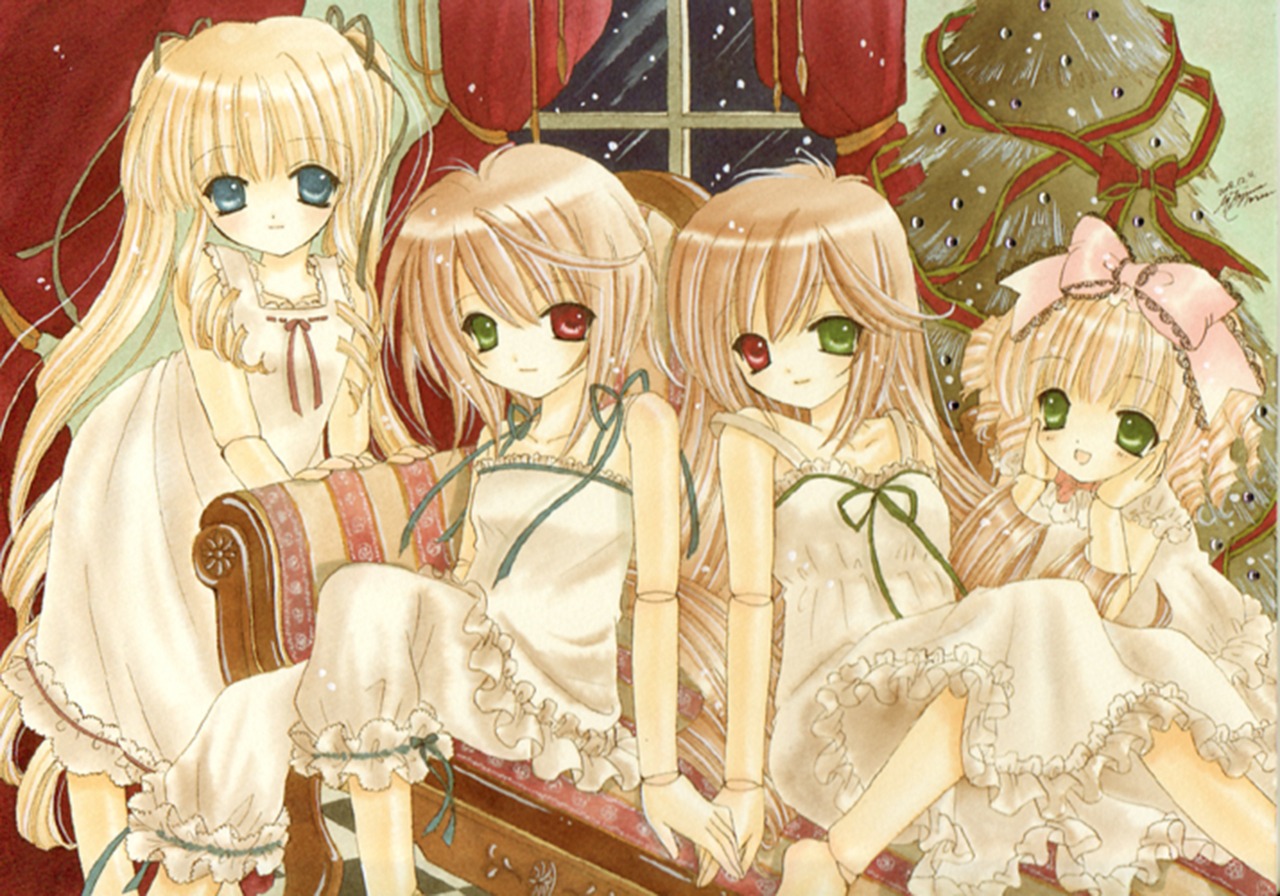 4girls asapon auto_tagged blonde_hair bloomers blue_eyes bow brown_hair christmas commentary_request curtains doll_joints dress frills green_eyes hair_ribbon heterochromia hina_ichigo image joints lingerie long_hair looking_at_viewer multiple multiple_girls red_eyes ribbon rozen_maiden shinku short_hair siblings sisters sitting smile snow souseiseki suiseiseki tagme twins twintails underwear very_long_hair window